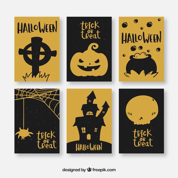 Vector gratuito tarjetas negras y doradas de halloween