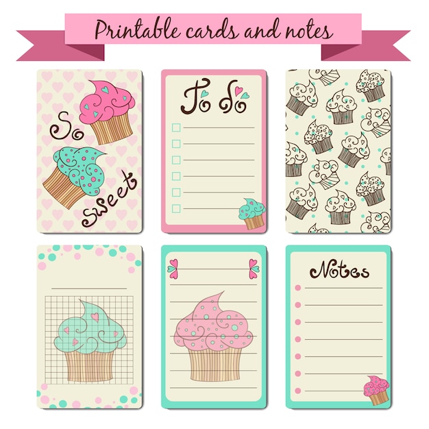 Vector gratuito tarjetas y notas imprimibles con diseño de cupcake