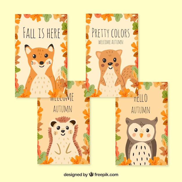 Tarjetas otoñales a mano con animales adorables