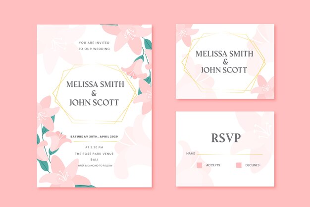 Tarjetas de papelería de boda con flores rosas