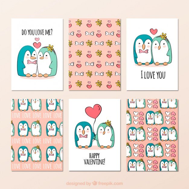 Tarjetas de pingüinos adorables dibujados a mano