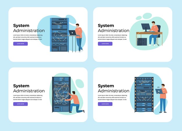 Tarjetas planas de administrador del sistema con páginas web horizontales con enlaces de texto editable e imágenes de garabatos ilustración vectorial