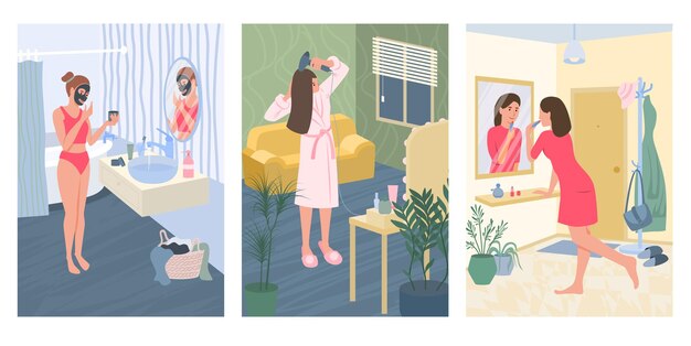Tarjetas planas de estancia en casa de rutina con chicas jóvenes que cuidan tu cabello y la ilustración vectorial de la piel de la cara