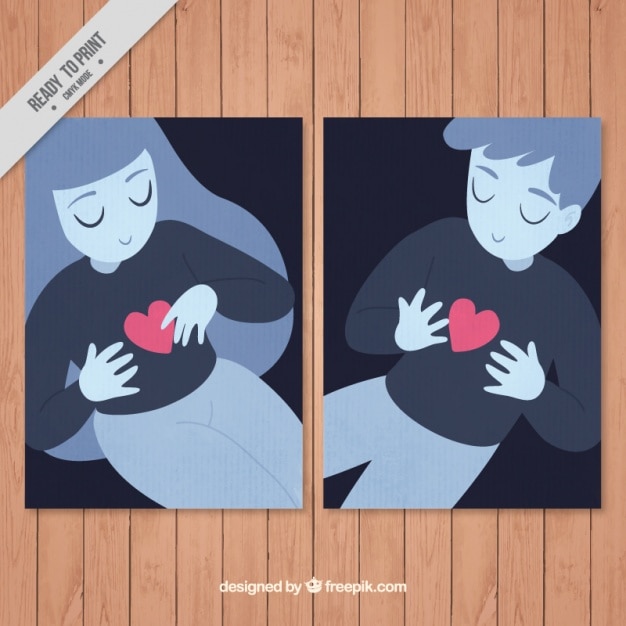 Vector gratuito tarjetas de san valentín de chico y chica con un corazón