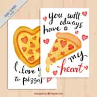 Vector gratuito tarjetas de valentín con mensajes y pizzas de acuarela