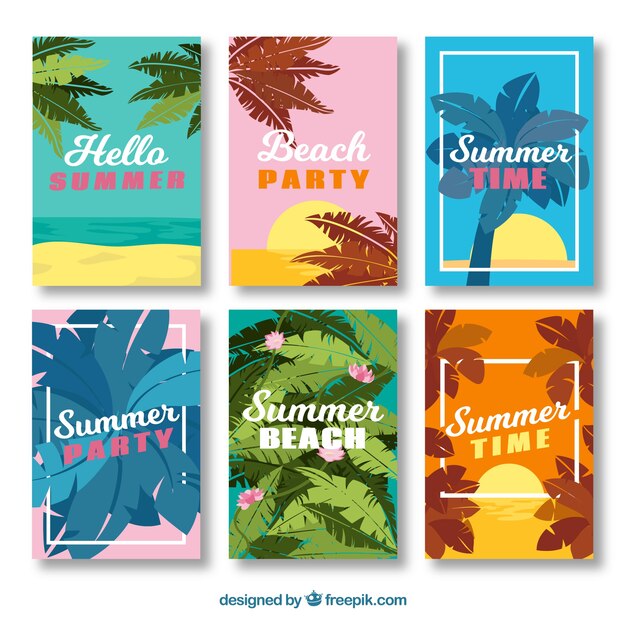 Tarjetas veraniegas con hojas de palma decorativas en diferentes colores