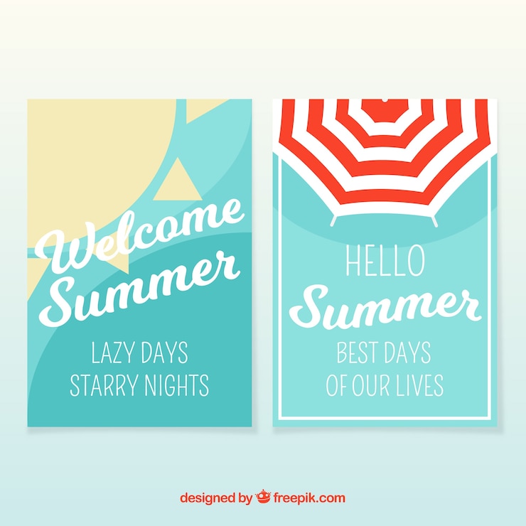 Vector gratuito tarjetas veraniegas con sol y sombrilla