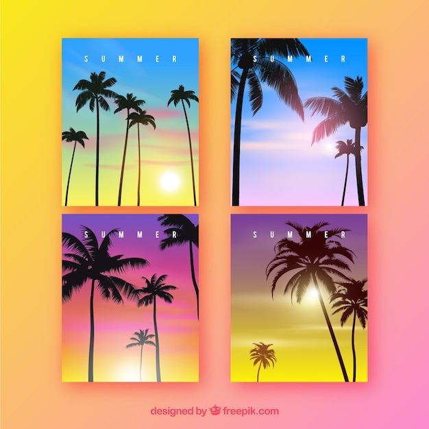 Tarjetas de verano con degradado y siluetas de palmeras