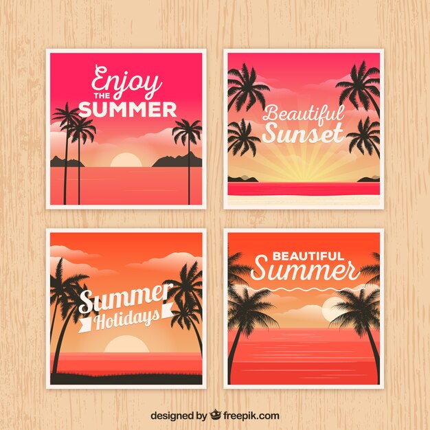 Tarjetas de verano con degradado y siluetas de palmeras