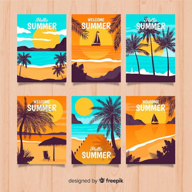 Vector gratuito tarjetas de verano en diseño plano