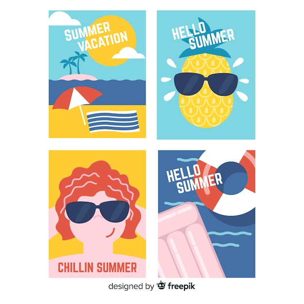 Tarjetas de verano en diseño plano