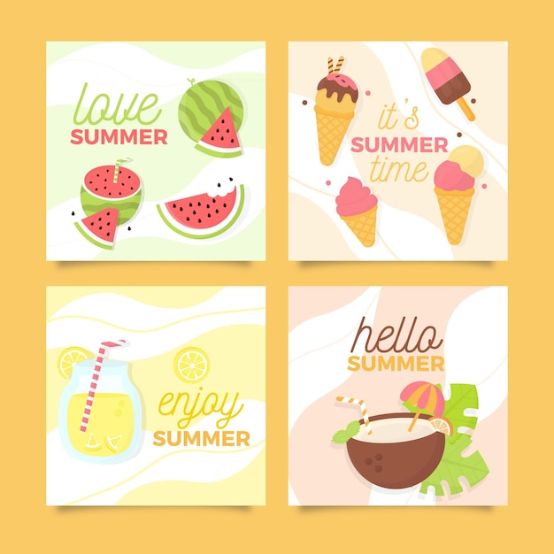 Tarjetas de verano de helado y fruta fresca