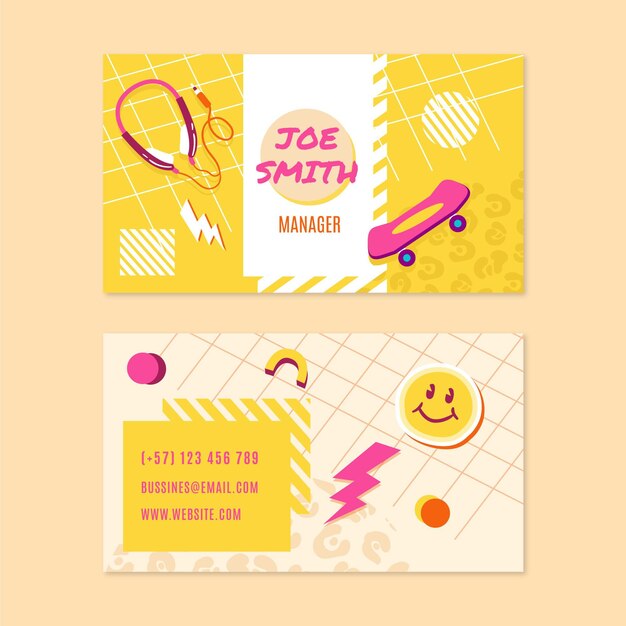 Tarjetas de visita nostálgicas de los 90 dibujadas a mano.