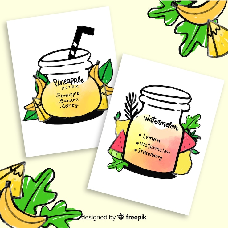 Vector gratuito tarjetas de zumo de frutas desintoxicante en acuarela