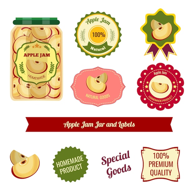 Vector gratuito tarro de mermelada de manzana y etiquetas