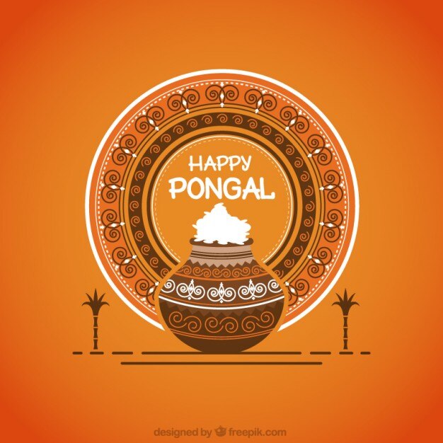Tarro ornamental de arroz de Pongal sobre fondo naranja