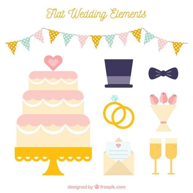 Tarta de boda con accesorios en diseño plano 