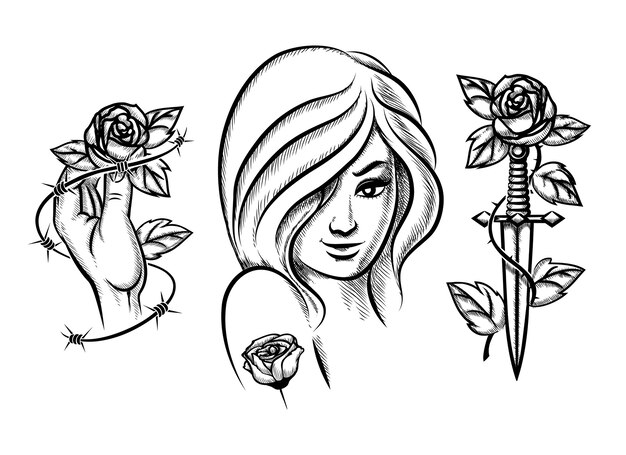 Tatuajes. Belleza chica, cuchillo, rosa y alambre de púas. Moda femenina negra. Ilustración vectorial