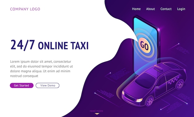 Taxi en línea 24 7 banner de web de página de destino isométrica