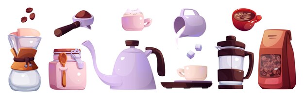 Taza de café de barista con leche para beber conjunto de iconos