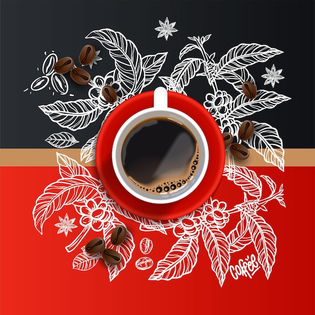 Taza de café expreso y granos de café.