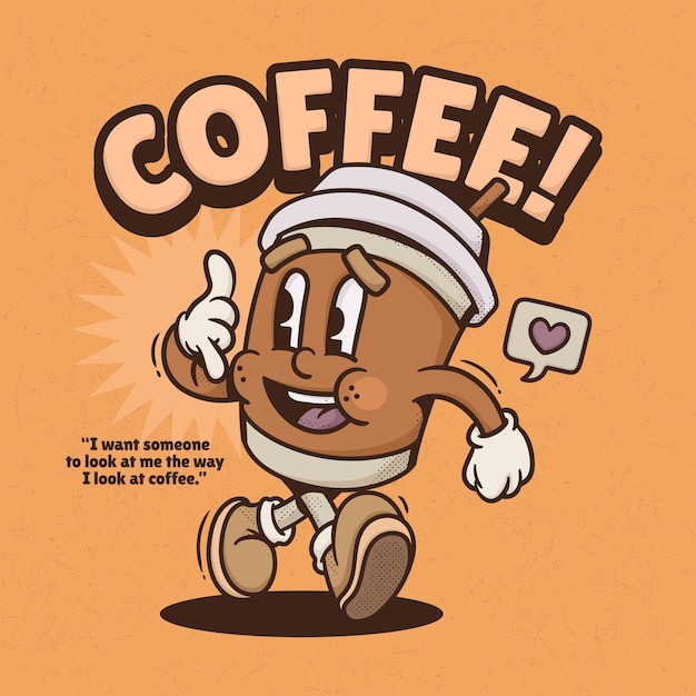 Taza Café Linda Moda Retro Dibujos Animados Vector Dibujado Mano