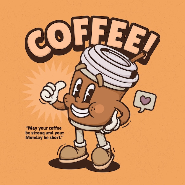 Taza Café Linda Moda Retro Dibujos Animados Vector Dibujado Mano
