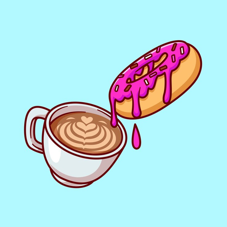 Vector gratuito taza de café con rosquilla icono vectorial de dibujos animados ilustración de alimentos icono de bebidas vector plano aislado