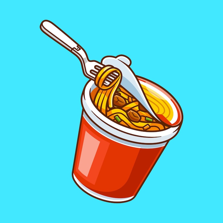 Vector gratuito taza de fideos con tenedor icono vectorial de dibujos animados ilustración de alimentos icono de objeto icono plano aislado vector