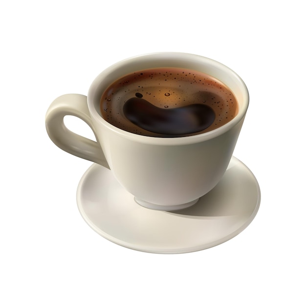 Taza realista de café negro elaborado en la ilustración de vector de platillo