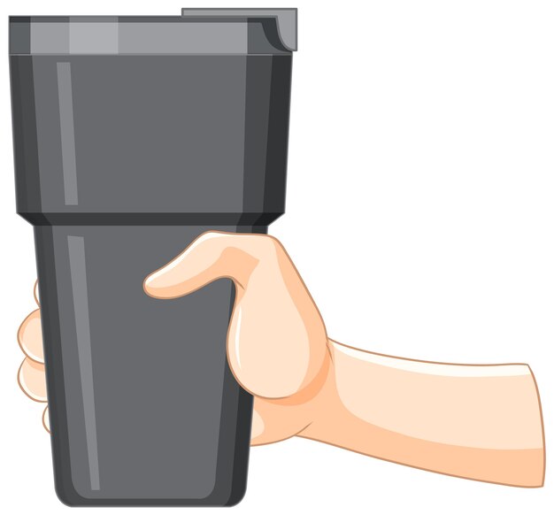 Con una taza de viaje en la mano