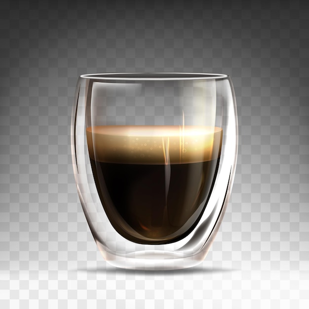 Vector gratuito taza de vidrio brillante realista con espresso caliente. mug mug con doble pared llena de aroma americano. bebida de café realista sobre fondo transparente. plantilla para branding, publicidad o diseño de producto.