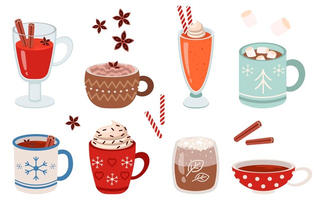 Tazas con bebidas cálidas de invierno conjunto de ilustraciones vectoriales planas. Tazas de cacao o chocolate caliente, café con crema batida y malvaviscos sobre fondo blanco. Concepto de vacaciones de Navidad, otoño o invierno.