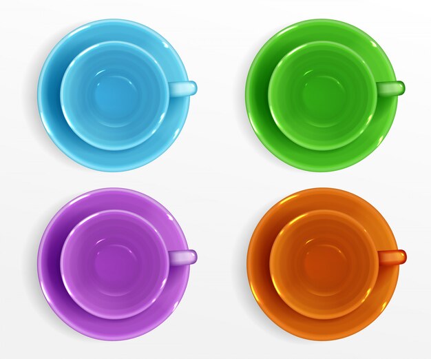 Tazas de color vacías para café y té vista superior