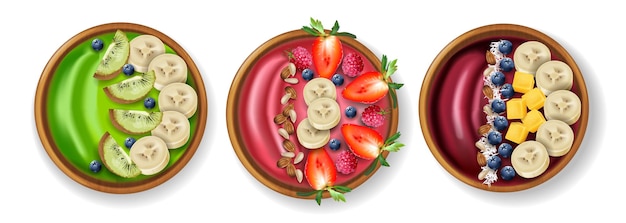 Tazones de fuente saludables set vector de desayuno realista. Página del menú de colocación de productos