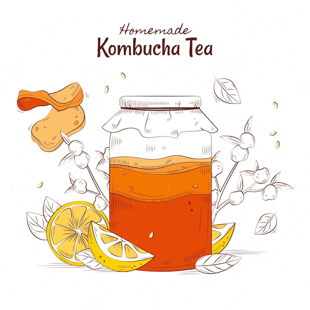 Té de kombucha estilo dibujado a mano