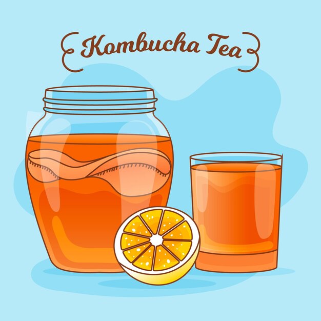 Té de kombucha con limón dibujado a mano