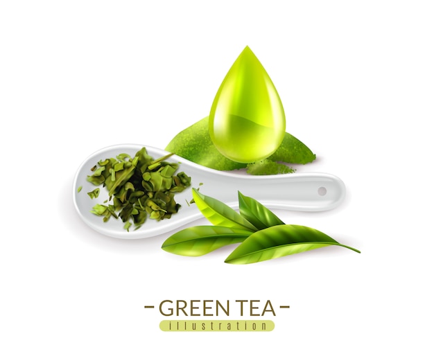 Té verde realista y cuchara y gota ilustración vectorial