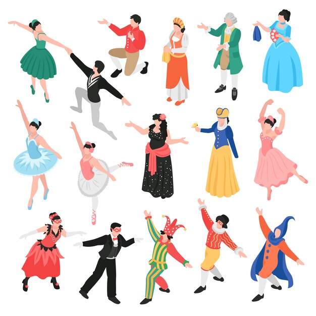 Teatro de ballet de ópera isométrica con personajes humanos aislados de actores teatrales y bailarines en trajes