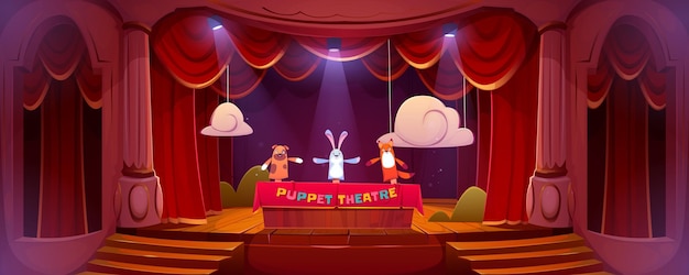 Teatro de marionetas en el escenario muñecos divertidos realizan espectáculo