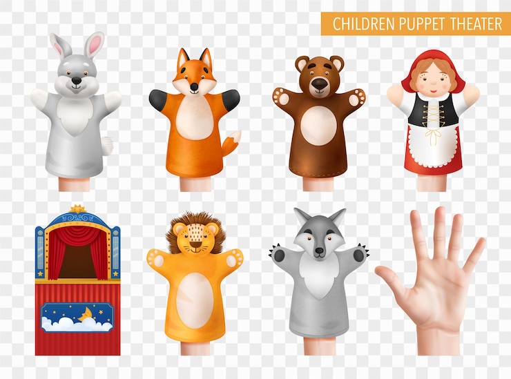Vector gratuito teatro de marionetas para niños con juguetes de mano lindos realistas y cabina brillante aislada contra la ilustración de vector de fondo transparente