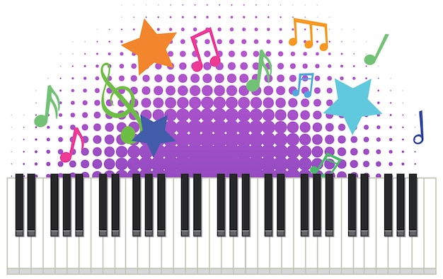 Teclado de piano con símbolos musicales