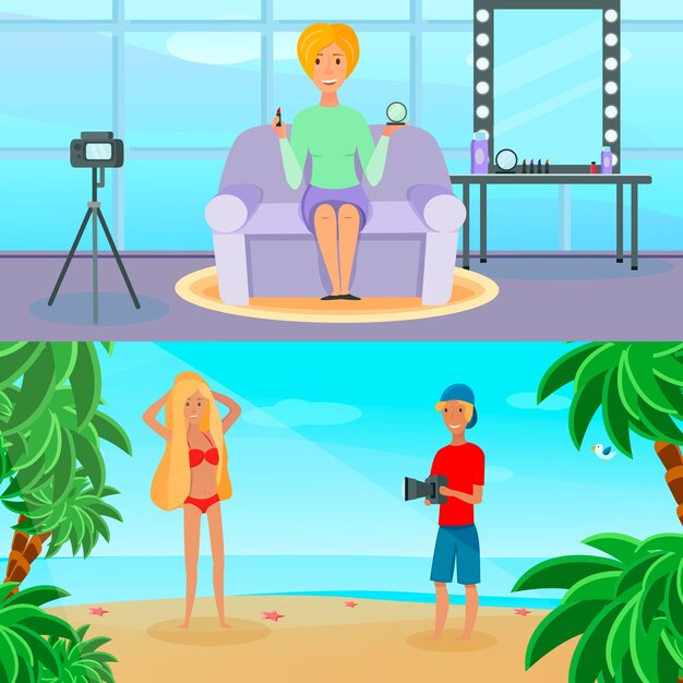 Técnica de presentación de temas y publicaciones de bloggers populares 2 pancartas coloridas con moda de viajes de vacaciones aislado