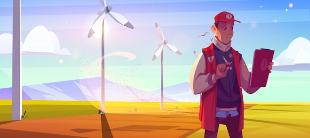 Vector gratuito el técnico de turbinas eólicas trabaja en una granja de energía en un campo verde. ilustración de dibujos animados de vector con paisaje de verano con molinos de viento, montañas e ingeniero de hombre