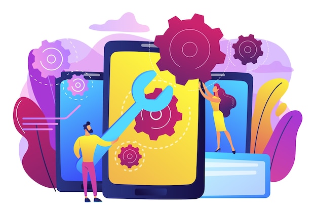 Técnicos de servicio con llave grande que reparan la pantalla del teléfono inteligente con engranajes. Reparación de teléfonos inteligentes, servicio de telefonía celular, concepto de reparación el mismo día. Ilustración aislada violeta vibrante brillante