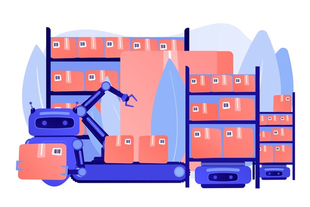 Tecnología de carga automática de paquetes en almacén. Robotización de almacenamiento, ingeniería de robótica de almacén, concepto de carretillas elevadoras autónomas. Ilustración aislada de bluevector coral rosado