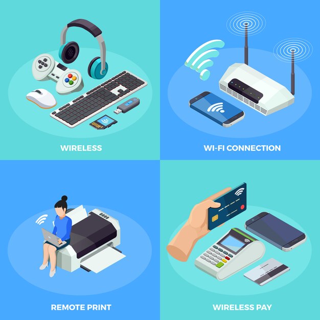 Tecnología inalámbrica 4 iconos isométricos cuadrados