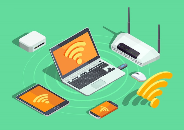 Tecnología inalámbrica Dispositivos electrónicos Cartel isométrico
