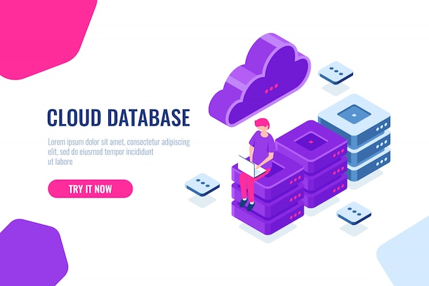 Vector gratuito tecnología informática en la nube, almacenamiento y procesamiento de datos grandes, sala de servidores, base de datos y centro de datos