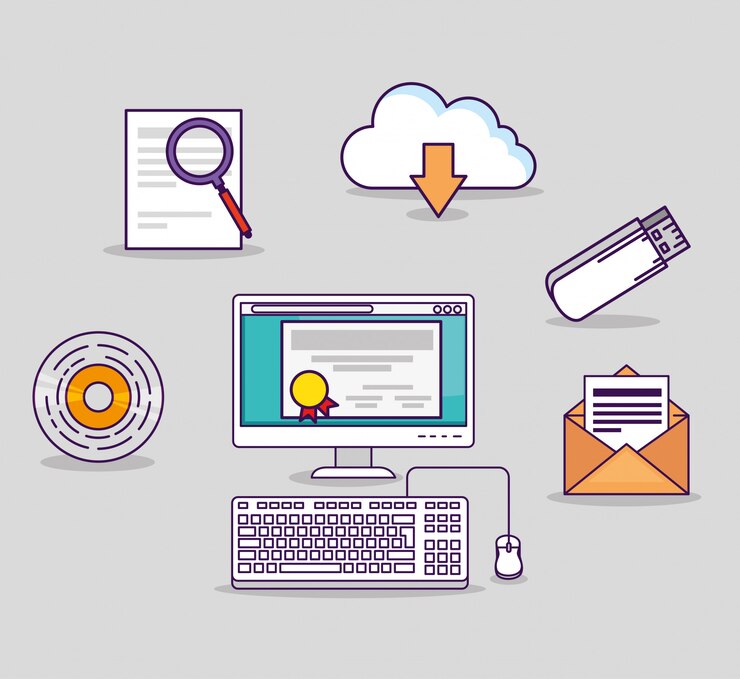 Vector gratuito tecnología informática con usb y diploma certificado